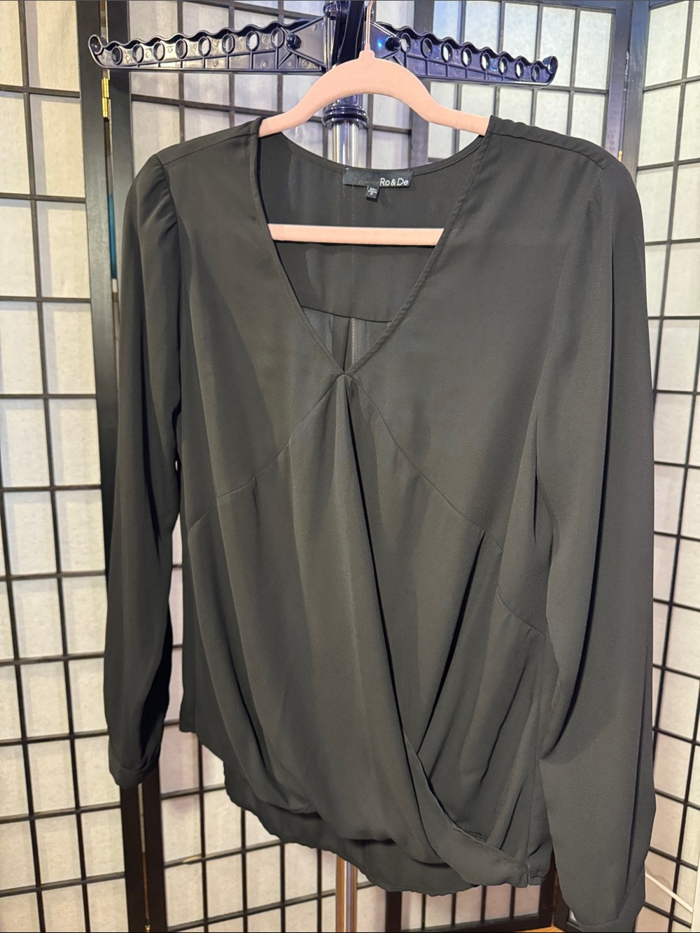 Ro & De Black V-Neck Long-Sleeve Draped Blouse